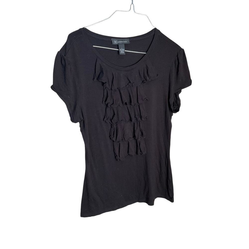 INC International Concepts Ruffle Top‎ Short Sleeve Stretch Black Womens Size L